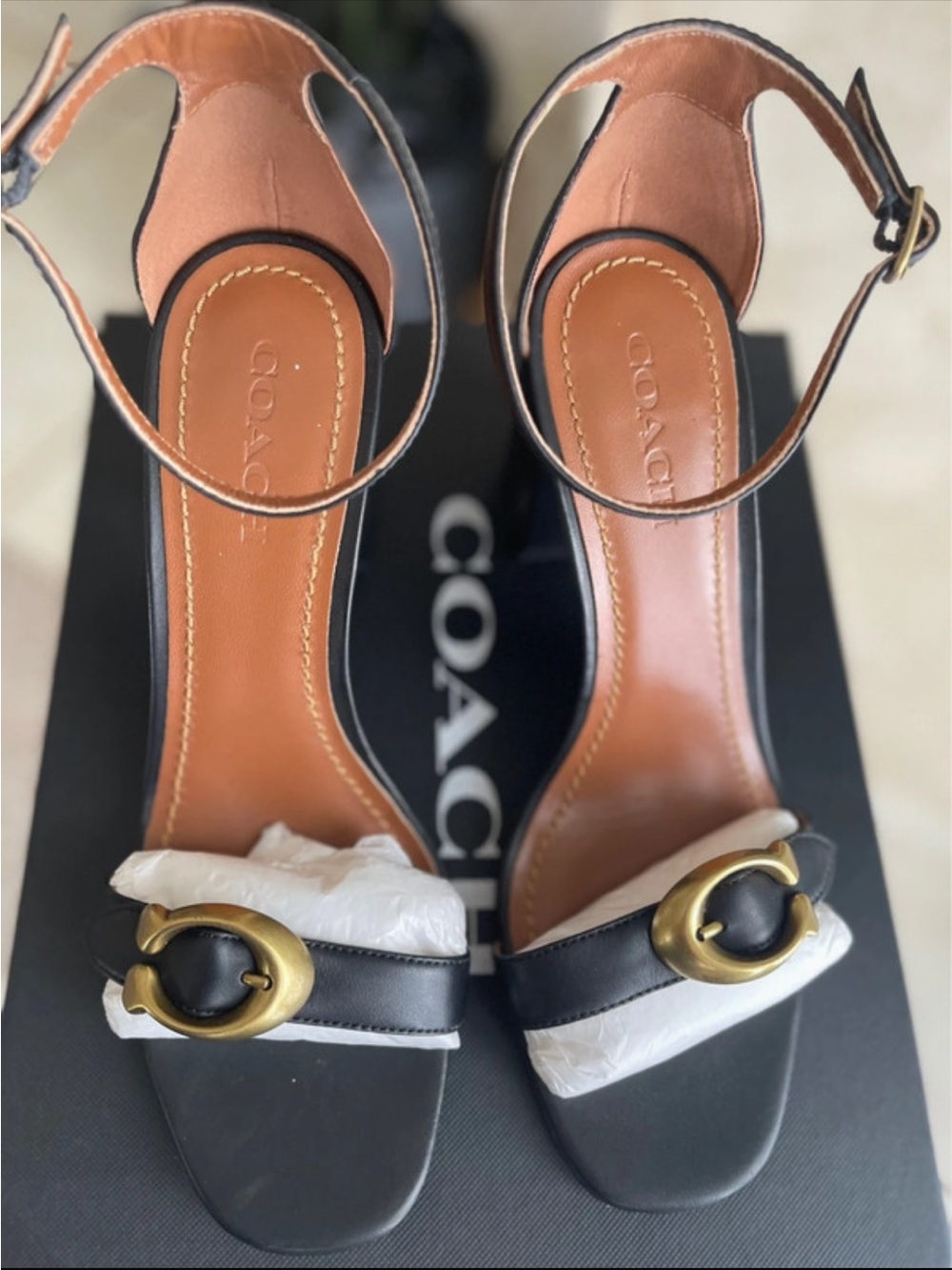 Coach Black Leather Open-Toe Ankle-Strap Sandals with Gold C Buckle